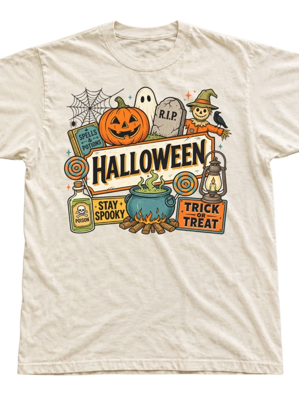 Unisex Tee Shirt | Off White Halloween Graphic Tee with Orange & Black Accents